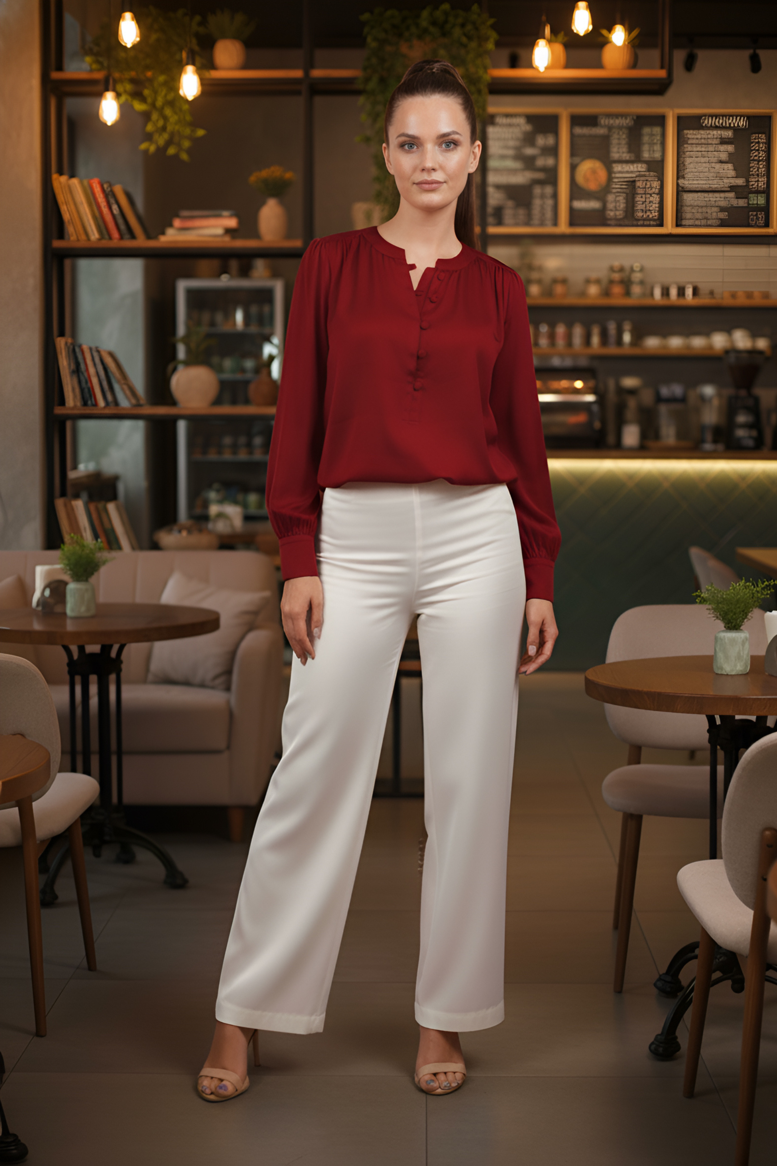 Crimson Satin Full Sleeve Top